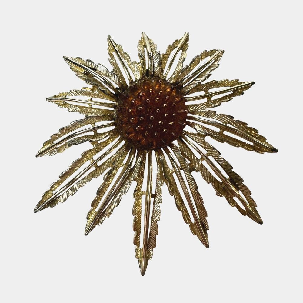 Vintage Sarah Coventry Large Floral Sunflower Brooch Burst 2.5" Goldtone, Orange